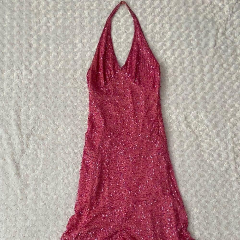 Adrianna Papell Hot Pink Sequin Halter Mermaid Dress – Formal/Cocktail - Picture 6 of 10